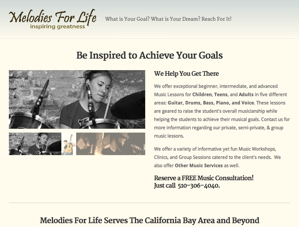 Screenshot of Melodies For Life's website designed by Stephen Thompson at Code Flowed