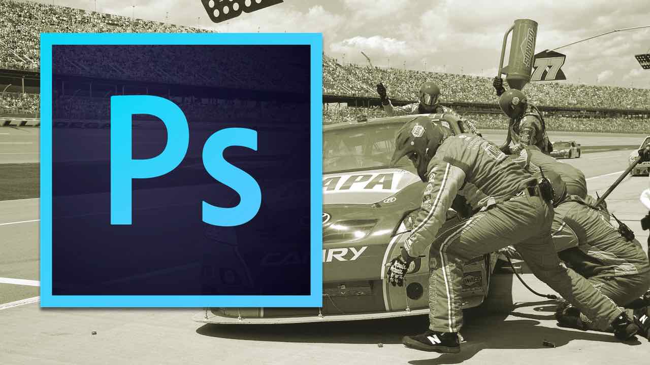 Photoshop logo on a photo of pit crew
