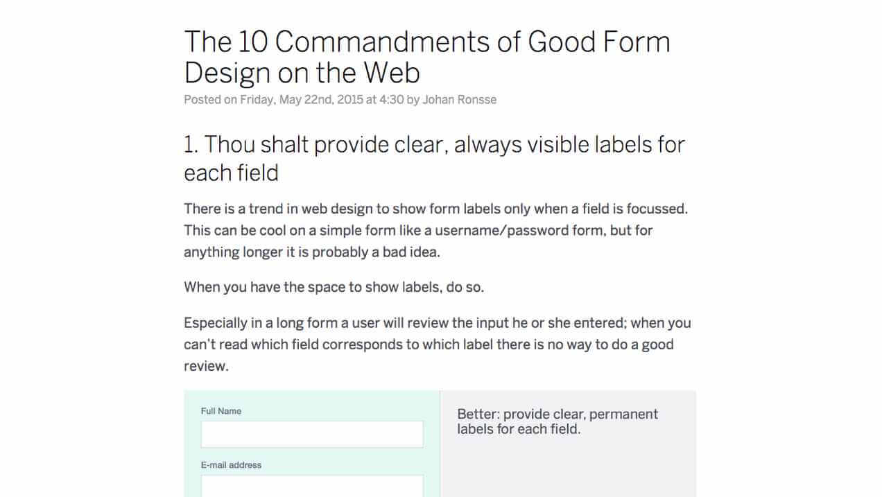 Screenshot of form design blogpost